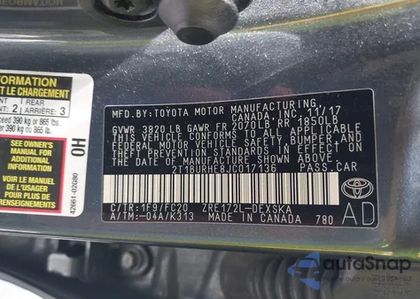 2018 Toyota Corolla Se из США, поврежденный, VIN 2T1BURHE8JC017136